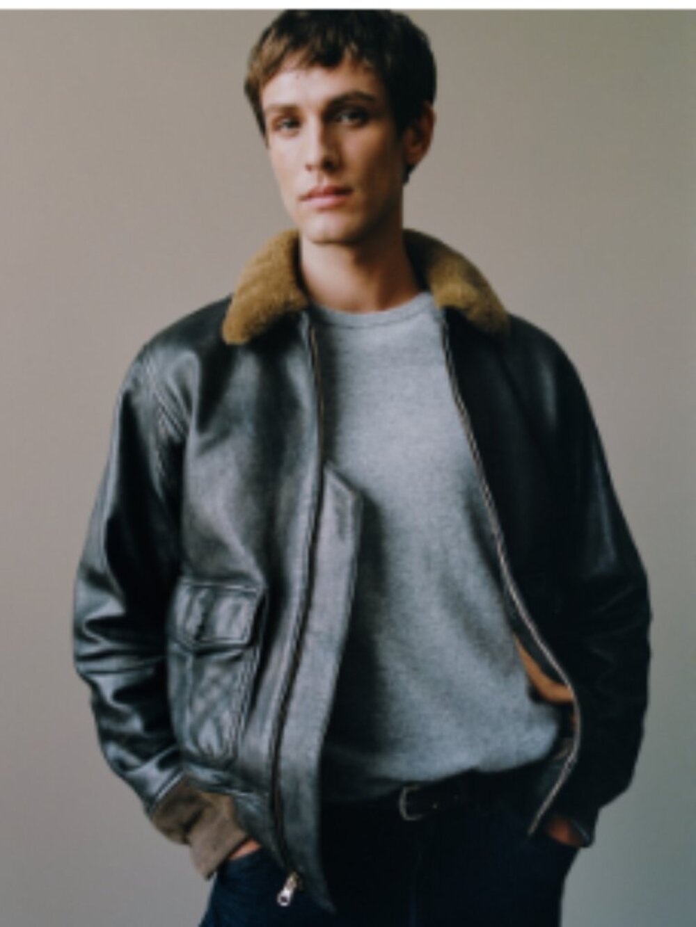 Quince Shearling Collar Leather Flight Jacket Size S
